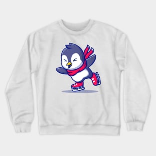 Cute Penguin Ice skating With Scarf Cartoon Crewneck Sweatshirt